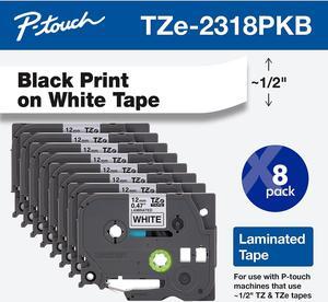 Brother P-touch TZe-231 Laminated Label Maker Tape 1/2" x 26-2/10' Black on White 8/Pack (TZe-2318PKB) TZE-2318PKB