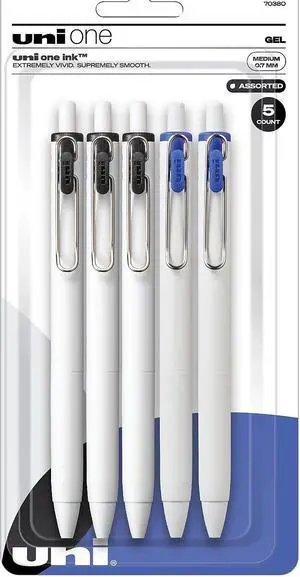 uni-ball uni one Retractable Gel Pens Medium Point 0.7mm Black/Blue Ink 5/Pack (70380)