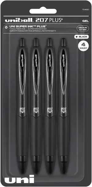 uni-ball uniball 207 Plus+ Retractable Gel Pens Medium Point 0.7mm Black Ink 4/Pack (70460)