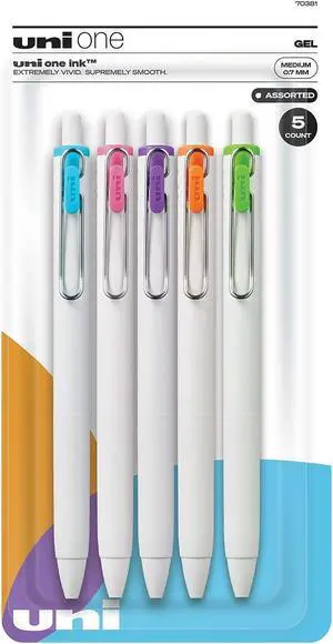 uni-ball uni one Retractable Gel Pens Medium Point 0.7mm Assorted Ink 5/Pack (70381)