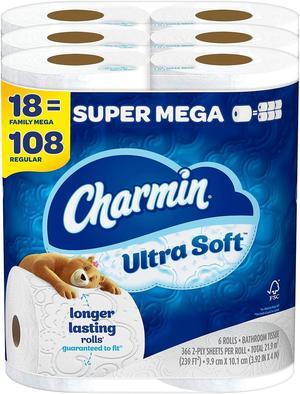 Charmin Ultra Soft Super Mega Toilet Paper 2-Ply White 366 Sheets/Roll 6 Rolls/Pack 3 Packs/Carton (01568) 84731/15681