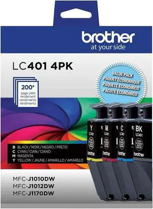 Brother LC401 Black/Cyan/Magenta/Yellow Standard Yield Ink Cartridges 4/Pack (LC4014PKS)