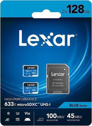 Lexar High-Performance 633x BLUE Series 128GB microSDXC Memory Card with Adapter Class 10 UHS-I V30 2/Pack (LSDMI128-B2U633)