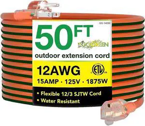 Go Green Power 50' Indoor/Outdoor Extension Cord 12 AWG Orange (GG-14050) Go Green Power 50' Indoor/Outdoor Extension Cord 12 AWG Orange (GG-14050)
