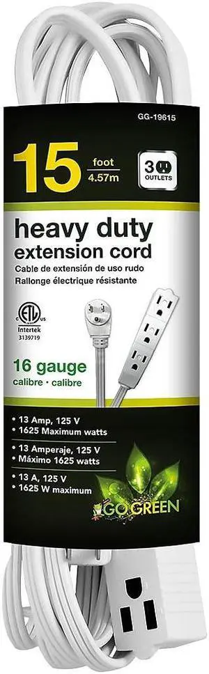 Go Green Power 15' Extension Cord 3-Outlet 16 AWG White (GG-19615) Go Green Power 15' Extension Cord 3-Outlet 16 AWG White (GG-19615)