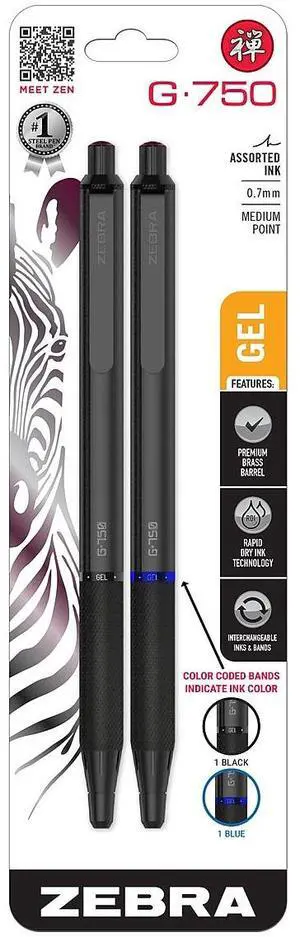 Zebra G-750 Retractable Gel Pens Medium Point Black/Blue Ink 2/Pack (49802)