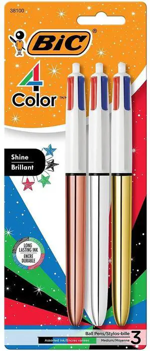BIC 4-Color Shine Retractable Ballpoint Pen Medium Point 1.0mm Assorted Colors 3/Pack (MMMTP31-AST)