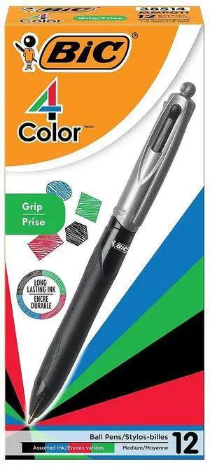 BIC 4-Color Grip Retractable Ballpoint Pen 1.0mm Assorted Ink 12/Pack (MMPG11-AST)