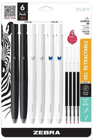 Zebra bLen Retractable Gel Pens Medium Point 0.7mm Assorted Ink 6/Pack (49501)
