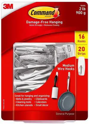 Command Medium Wire Hook White 16 Hooks 20 Strips/Pack (17065-16CLUB)