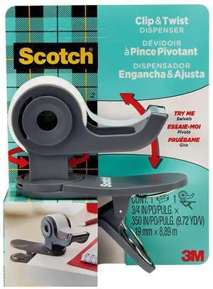 3M Scotch Clip & Twist Desktop Tape Dispenser Gray C19CLIP