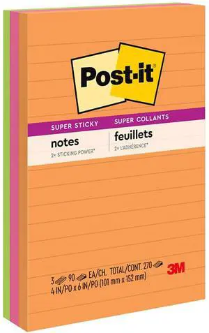 Post-it Pads in Rio de Janeiro Colors Lined 4 x 6 90-Sheet 3/Pack 6603SSUC