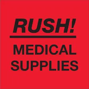 Tape Logic Labels "Rush - Medical Supplies" 4" x 4" Fluorescent Red 500/Roll