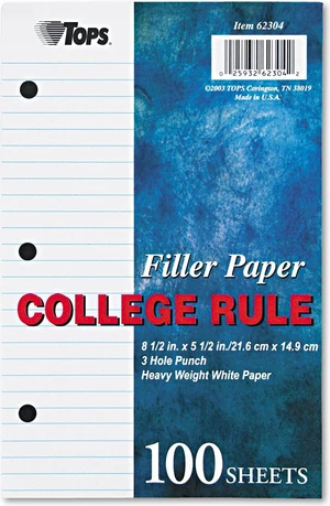 Filler Paper, 3-Hole, 5.5 x 8.5, Medium/College Rule, 100/Pack 62304 Filler Paper, 3-Hole, 5.5 x 8.5, Medium/College Rule, 100/Pack 62304
