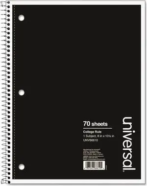 Universal 1 Sub. Wirebound Notebook 10 1/2 x 8 College Rule 70 Sheets Black