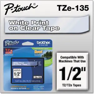 Brother TZe Standard Adhesive Laminated Labeling Tape 1/2w White on Clear TZE135