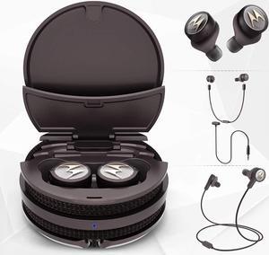 Motorola Tech 3-3-in-1 Smart True Wireless Headphones - Cordless Earbuds, Sport Wire, Audio Plug-in - IPX5, Built-in Microphone, Magnetic Charging Case with Cable Storage System