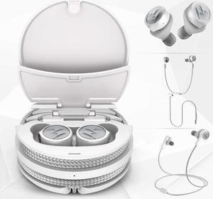 Motorola Tech3 3-in-1 Smart True Wireless Headphones - Cordless Earbuds, Sport Wire, Audio Plug-in - IPX5, Built-in Microphone, Magnetic Charging Case with Cable Storage System
