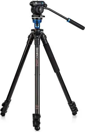 Benro Video Tripod with S2 PRO Flat Base Fluid Video Head, 5.5 lb Max, Leveling Center Column, Aluminum Legs, Flip Lock, Carrying Case (A1573FS2PRO)