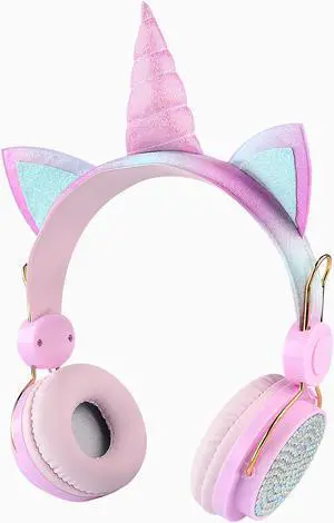 Geekria Cutest Wireless Earphones for Kids, Unicorn Earphones for Children, Suitable for 5~12 Years Old Children, Classroom and Online Learning, Birthday, Christmas Gifts (Pink)