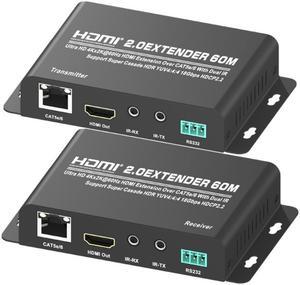 Up to 60m / 197Ft, Utra HD 4Kx2K@60Hz HDMI Extension Over IP Cat5e/6 with Dual IR Support Super Cascade HDR YUV4:4:4 18Gbps HDCP2.2  HDMI2.0 Extender Converter Transmitter