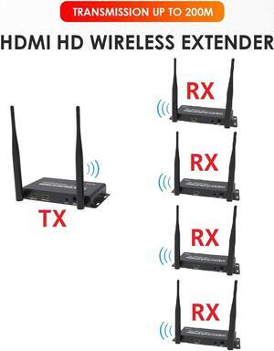 (1 SENDER and 4 RECEIVERS kit) Up to 656Ft Wireless 1080P 60Hz Video Extender with Local Pass-through HDMI Loop-out Transmitter Receiver kit 200m with IR remote