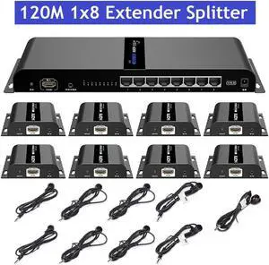 Up to 394Ft, 1x8 HDMI Splitter Extender 1080P 1 Transmitter 8 Receivers Over RJ45 CAT5e/6 120m Extension With IR Remote LKV318-HDbitT-4.0