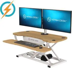VersaDesk® 36" x 24" PowerPro Electric Height Adjustable Standing Desk Converter for Dual Monitors & Laptop Workstations with USB Charging Port  Bamboo/White