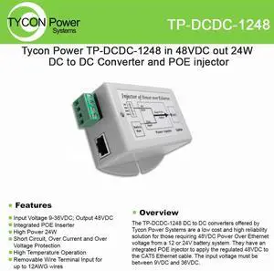 Systems TP-DCDC-1248 48V POE Out 24W DC to DC Converter and POE Inserter Systems TP-DCDC-1248 48V POE Out 24W DC to DC Converter and POE Inserter