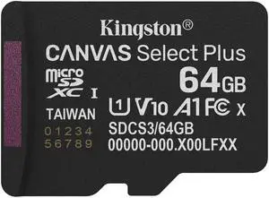 Kingston Canvas Select Plus Micro SD Memory Card 64GB MicSDXC Gen3 100R A1 SD Adapter Not Included - SDCS3/64GBSP