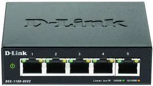 D-Link DGS-1100-05V2 Managed Smart Switch, 5 Gigabit Ports, VLAN Support, Layer 2 Functionality, QoS, 802.3az EEE, Fanless