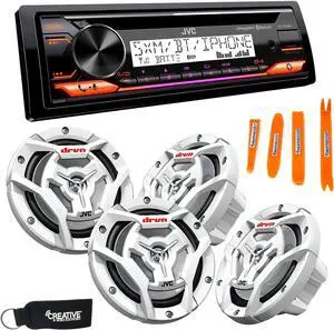 JVC KD-T91MBS Marine Stereo w/ CD, BT, USB, SiriusXM Ready, Amazon Alexa + 2 Pair CS-DR6201MW 6.5" White Marine Speakers
