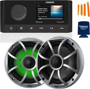 Fusion MS-RA210 Marine AM/FM/BT/NEMA2000/Sirius XM Ready Stereo with 1 Pair Wet Sounds RECON 6-S RGB High Output 6.5" RGB Lighting Marine Coaxial Speakers, Silver Grill