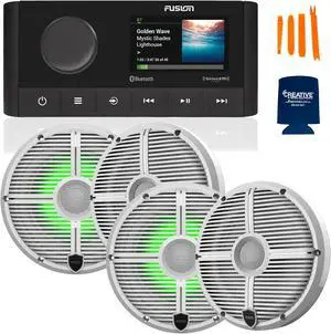Fusion MS-RA210 Marine AM/FM/BT/NEMA2000/Sirius XM Ready Stereo with 2 Pair Wet Sounds RECON 6-XWW RGB High Output 6.5" RGB Lighting Marine Coaxial Speakers,