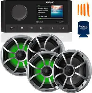 Fusion MS-RA210 Marine AM/FM/BT/NEMA2000/Sirius XM Ready Stereo with 2 Pair Wet Sounds RECON 6-S RGB High Output 6.5" RGB Lighting Marine Coaxial Speakers, Silver Grill