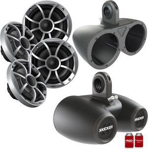 Wet Sounds 2-Pair OE-65ic-S 6.5" OEM Replacement Speakers W/ Silver Grill + Kicker 12KMTED 6.5" Black Tower Pods