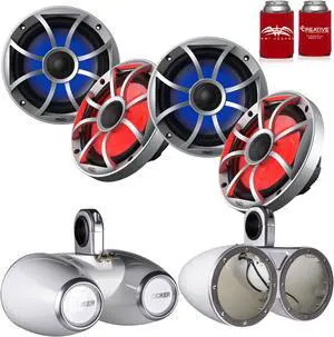 Wet Sounds 2-Pair OE-65ic-S-RGB 6.5" OEM Replacement Speakers W/ Grill & Lighting+ Kicker 12KMTEDW 6.5" White Tower Pods