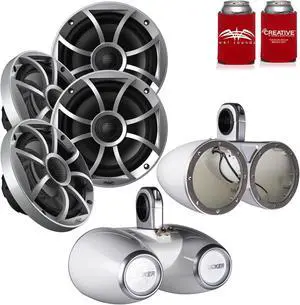 Wet Sounds 2-Pair OE-65ic-S 6.5" OEM Replacement Speakers W/ Silver Grill + Kicker 12KMTEDW 6.5" White Tower Pods