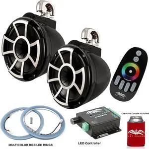 Wet Sounds REV10B-SC Swivel Clamp Tower Speakers with RGB LED Speaker Rings & LED Controller - Black