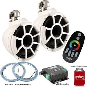 Wet Sounds REV10W-SC Swivel Clamp Tower Speakers with RGB LED Speaker Rings & LED Controller - White