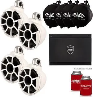 Wet Sounds Two Pairs of White REV 10 Swivel Clamp Tower Speakers with Wet Sounds Suitz speaker Covers & SD2 Amplifier