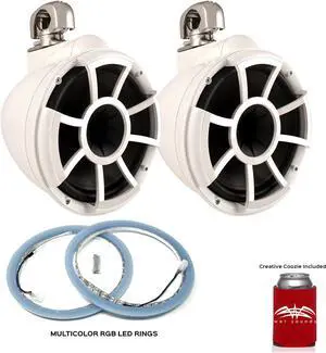 Wet Sounds REV 10 Swivel Clamp Tower Speakers with Wet Sounds LEDKITREV10-RGB RGB LED Speaker Rings - White
