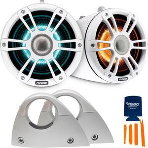 Fusion SG-FLT652SPW 6.5'' Sports White Tower Speakers, RGBW LED with SG-FTMNTSR Fusion Tower Speaker Clamp, Fixed, 2NPS/60.33/2.37" OD