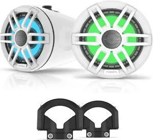 Fusion XS-FLT652SPW 6.5" White Sport Grill Wake Tower Speakers, RGB LED with Fusion XS-MNTBP 2"-2.5" Pipe Clamps