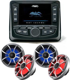 Wet Sounds WS-MC-2 Marine Radio with 2 Pairs Wet Sounds OEM Replacement 65ic-S RGB Led XS-Series Silver Cone 6.5" Coaxial Speakers Pair