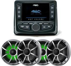 Wet Sounds WS-MC-2 Marine Radio with 2 Pairs Wet Sounds RECON 6-S RGB LED 6.5" 60-Watt RMS Coaxial Speakers With Silver XS Grilles (Pair)