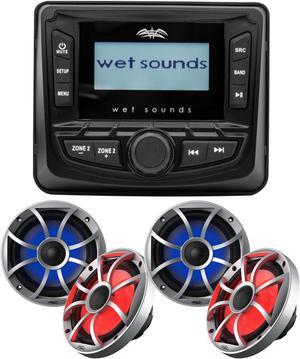 Wet Sounds WS-MC-5 3" Gauge style AM/FM Stereo with 2.7" LCD Display with 2 Pairs Wet Sounds OEM Replacement 65ic-S RGB Led XS-Series Silver Cone 6.5" Coaxial Speakers Pair