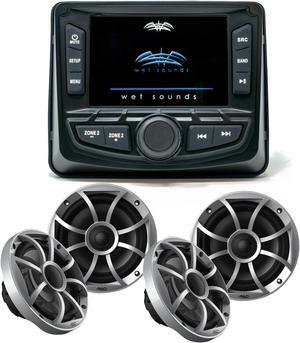 Wet Sounds WS-MC-2 Marine Radio with 2 Pairs Wet Sounds OEM Replacement 65ic-S XS-Series Silver Cone 6.5" Coaxial Speakers Pair