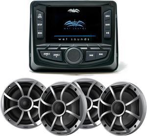 Wet Sounds WS-MC-2 Marine Radio with 2 Pairs Wet Sounds RECON 6-S Recon Series 6.5" 60-Watt RMS Coaxial Speakers With Silver XS Grille And Cone (Pair)