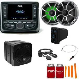 Wet Sounds Ultimate Golf Cart Audio Bundle, Radio, 2-RGB Silver Grill 6.5" Speakers, 8" powered sub, Wiring Kit